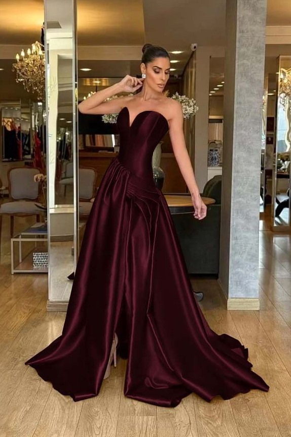 Glamorous Red Satin Split Prom Dress with Pleated Verve | ✈️ glow up your feed 744