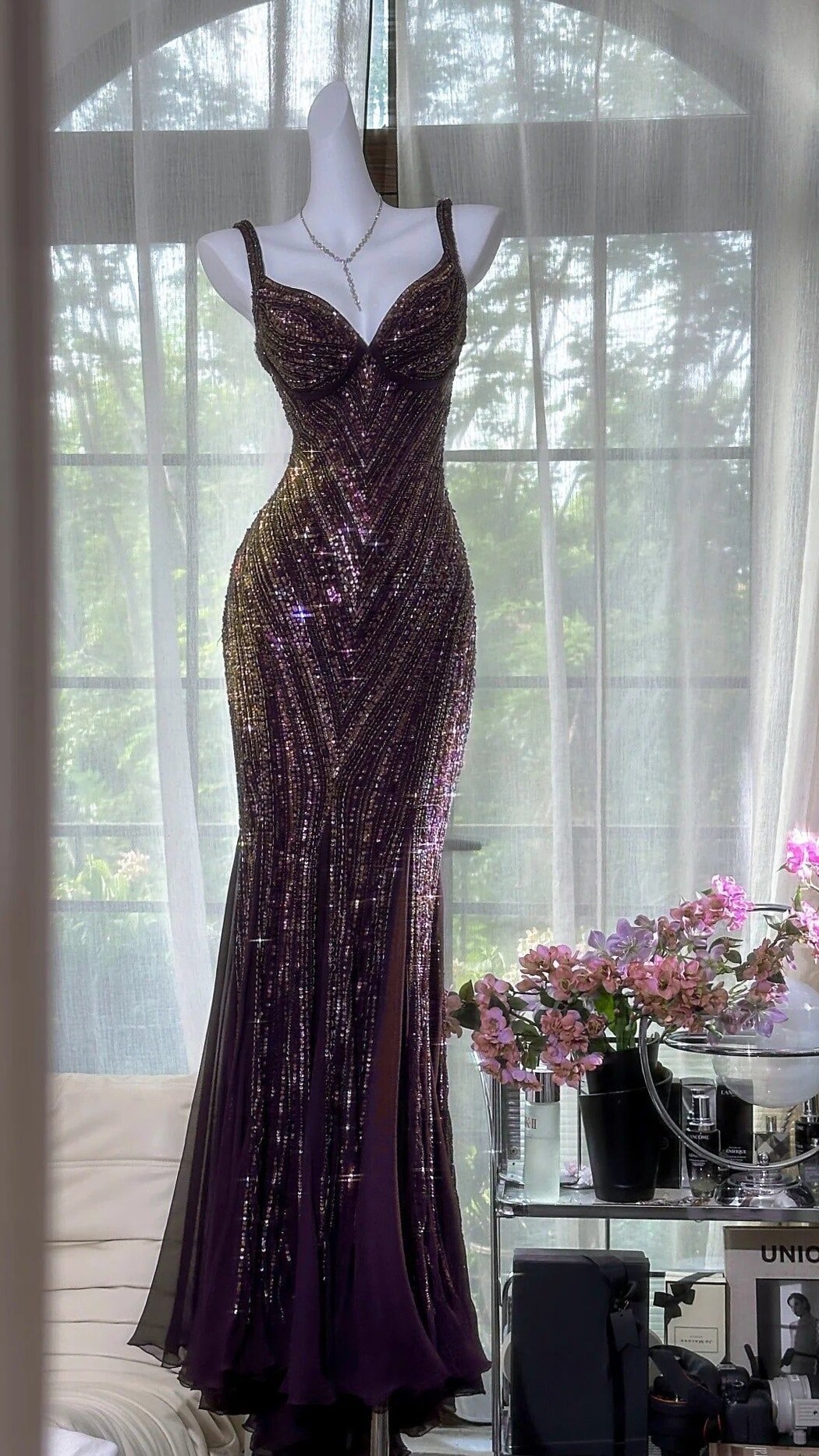 🗝️ ✦ Glamour Dark Purple Beaded Mermaid V-Neck Chiffon Prom Gowns 923