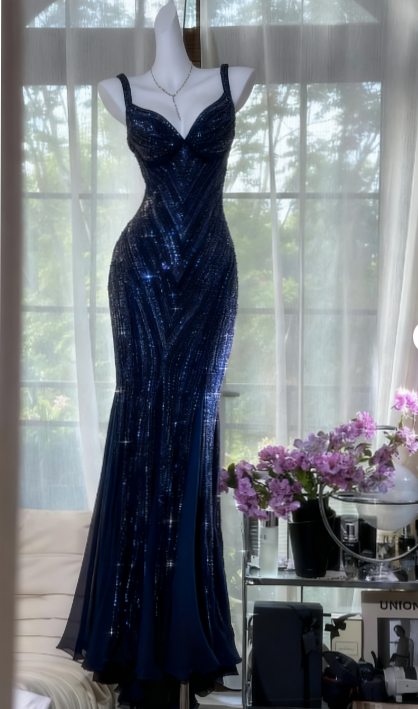 🏙️ | Glamour Dark Purple V-Neck Mermaid Chiffon Prom Dress ED03375 in Navy Blue  678