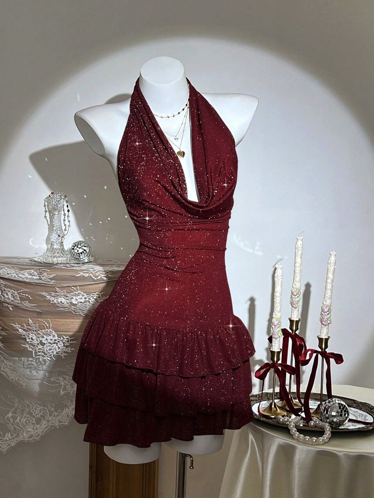 👠 ⟡ Glimmering Draped Neck Mini Dress With Open Back Ruffles For Summer Nights 938