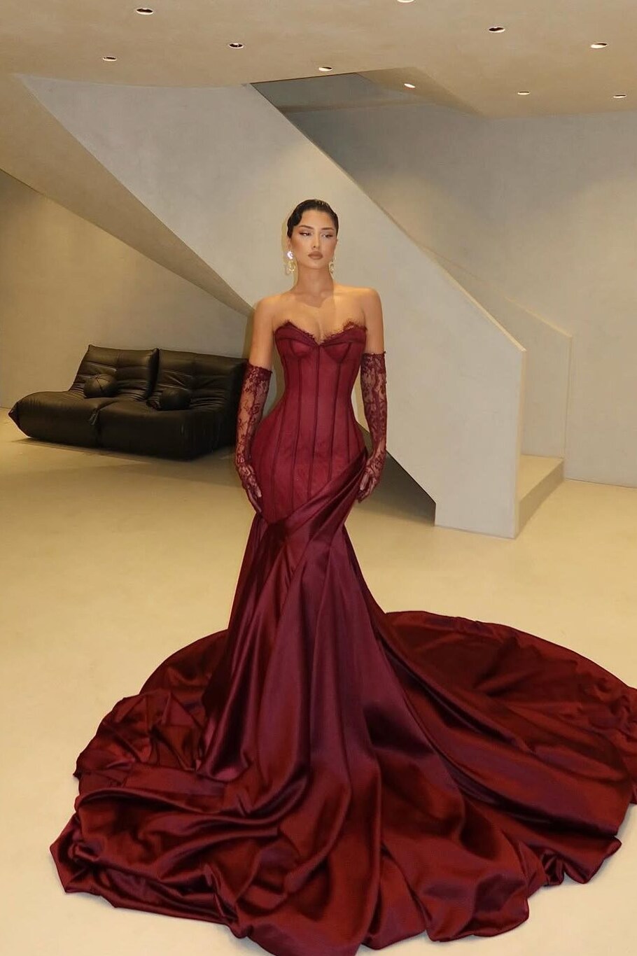 Glittering Burgundy Strapless Satin Gown with Sheath Silhouette and Gloves | 🥳 🍸 551