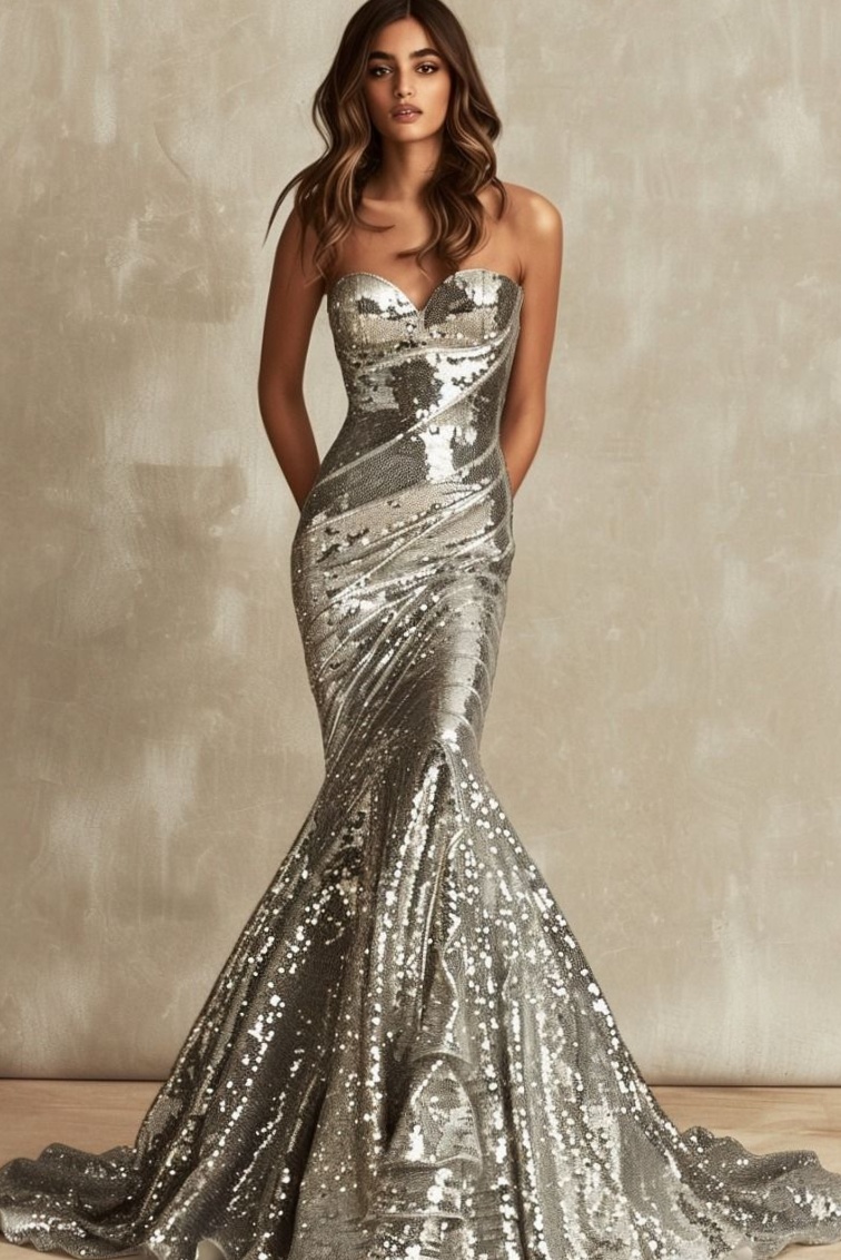 👢 🕶️ 👠 Glittering Silver Mirror Strapless Gown with Neon Elegance 958