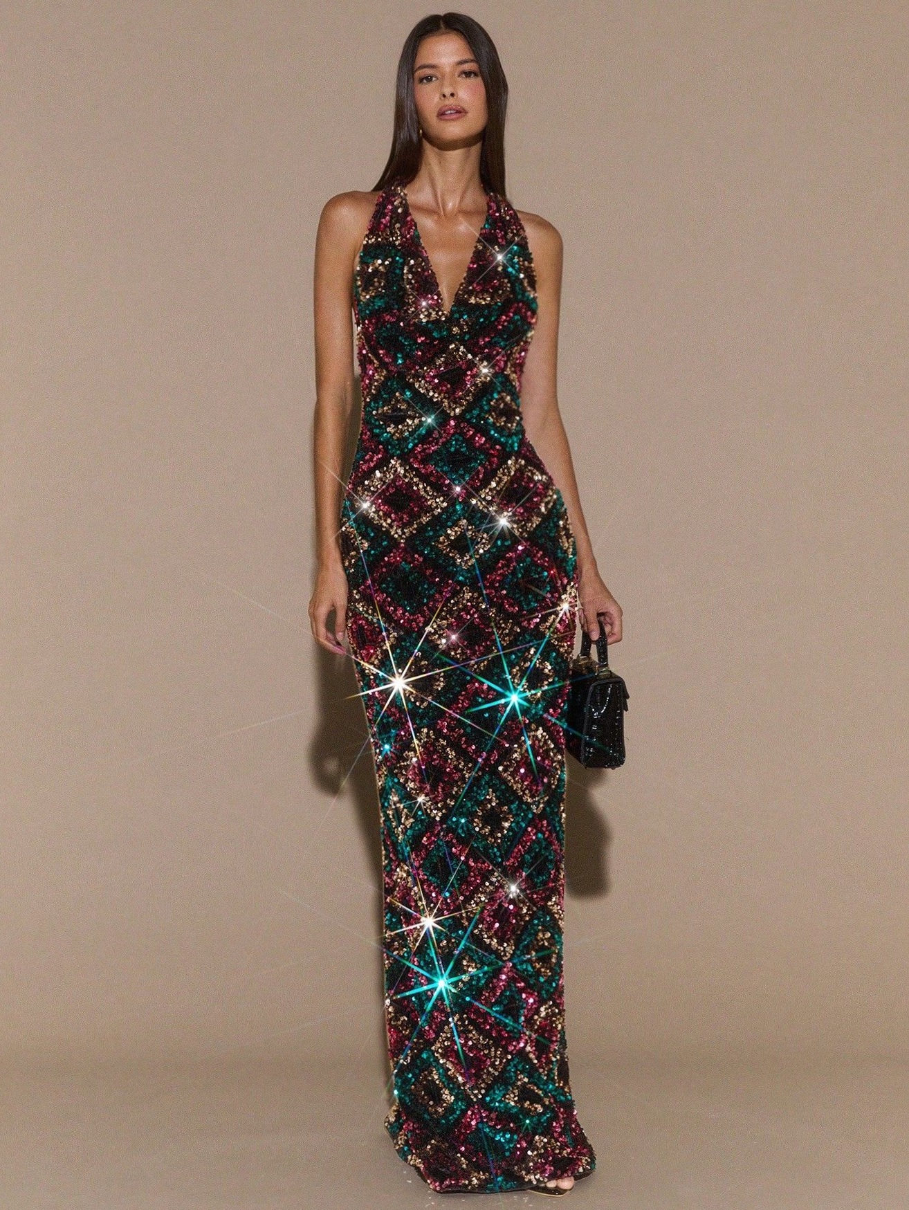 Glowing Black Gown with Open Back, Sparkling Sequins, Cocktail Elegance, Neon Ni 374