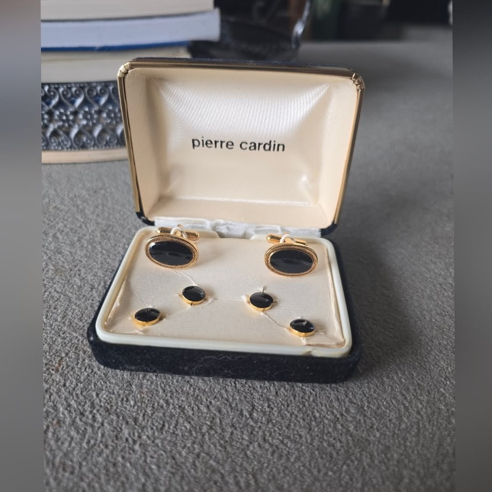 Gold-Tone Pierre Cardin Studs | Onyx-Infused Cufflinks for Retro Refinement | 🕯️ 975