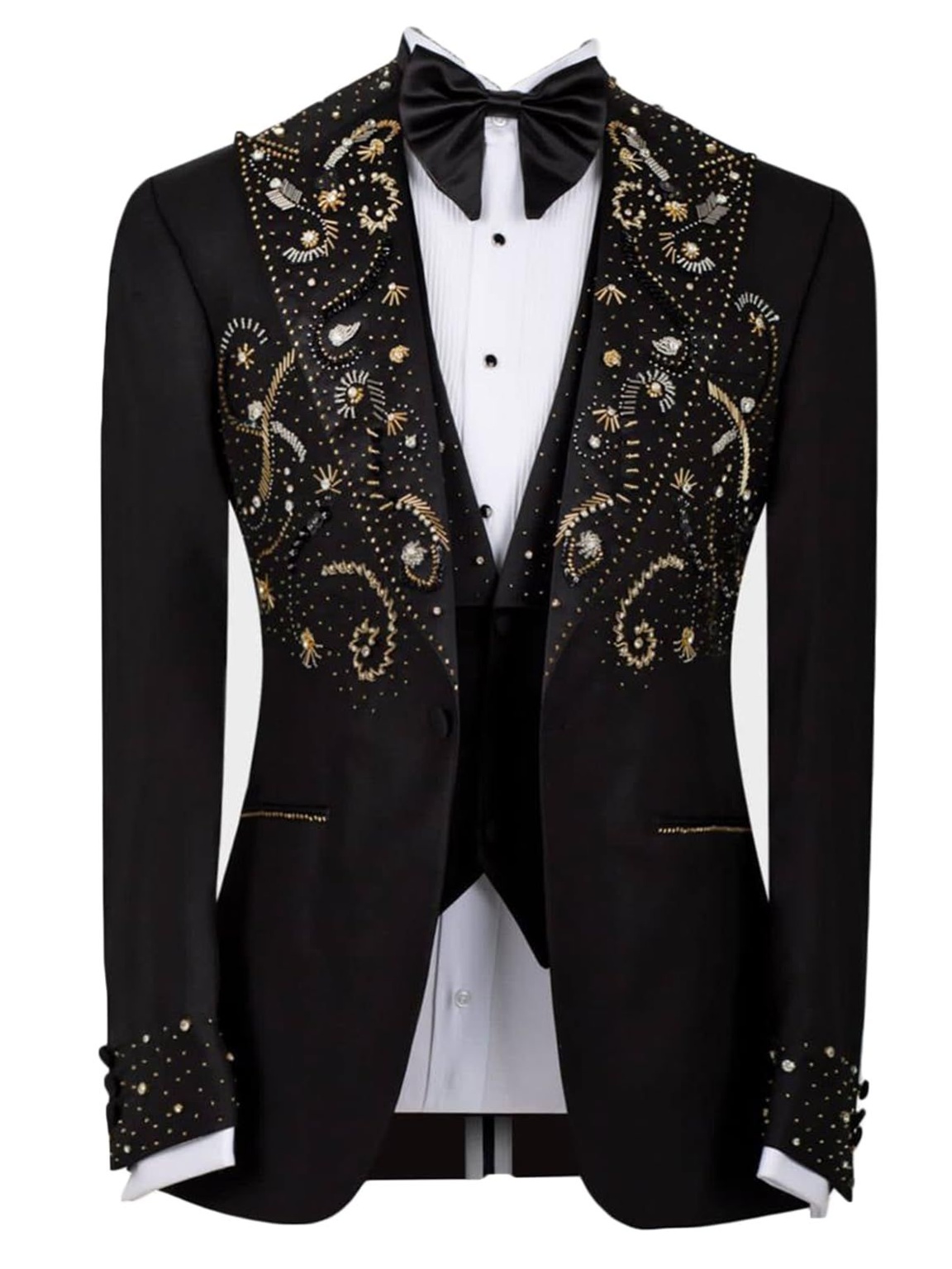Golden Bead Tuxedo Blazer – Sleek Black Slim Fit for Elegant Events • 🌿 🍃 557