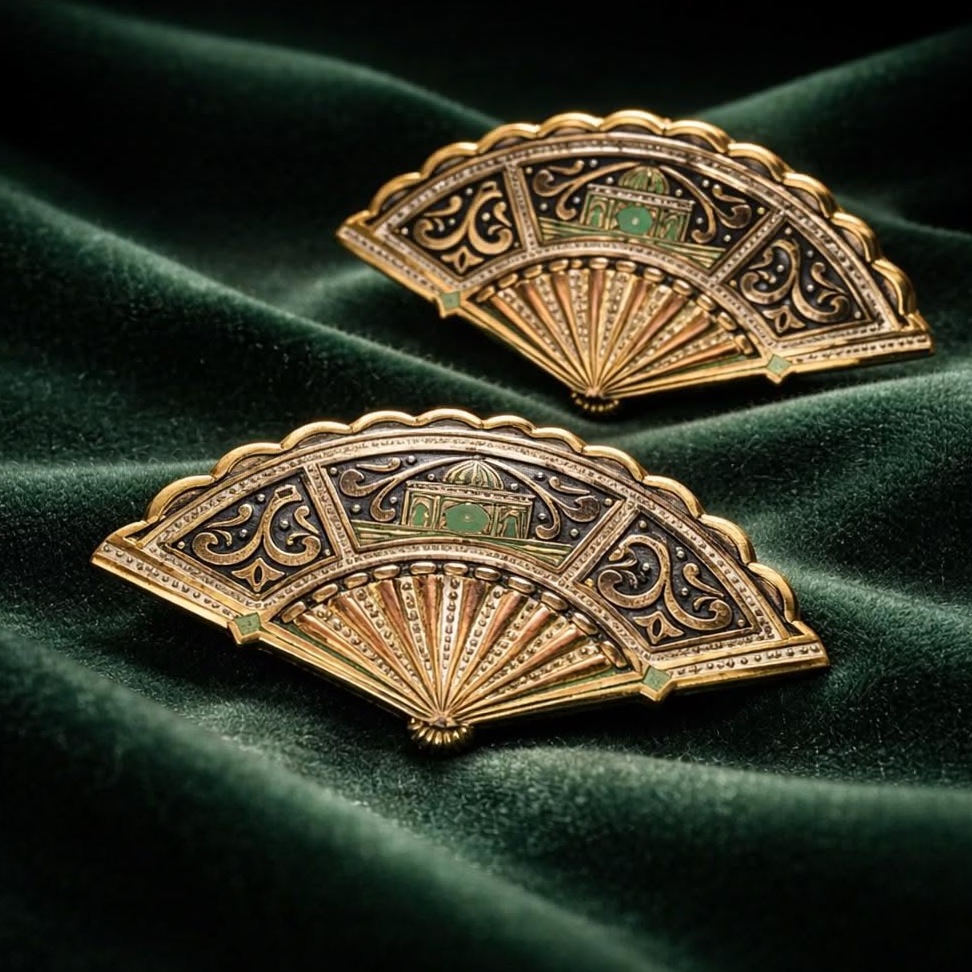Golden Glow Enamel Fan Brooches – Vintage Deco Elegance — period perfect details 954