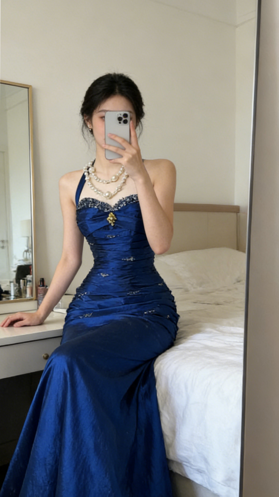 Grape Vintage Beaded Sheath Blue Prom Dress • 💙 🎆 795