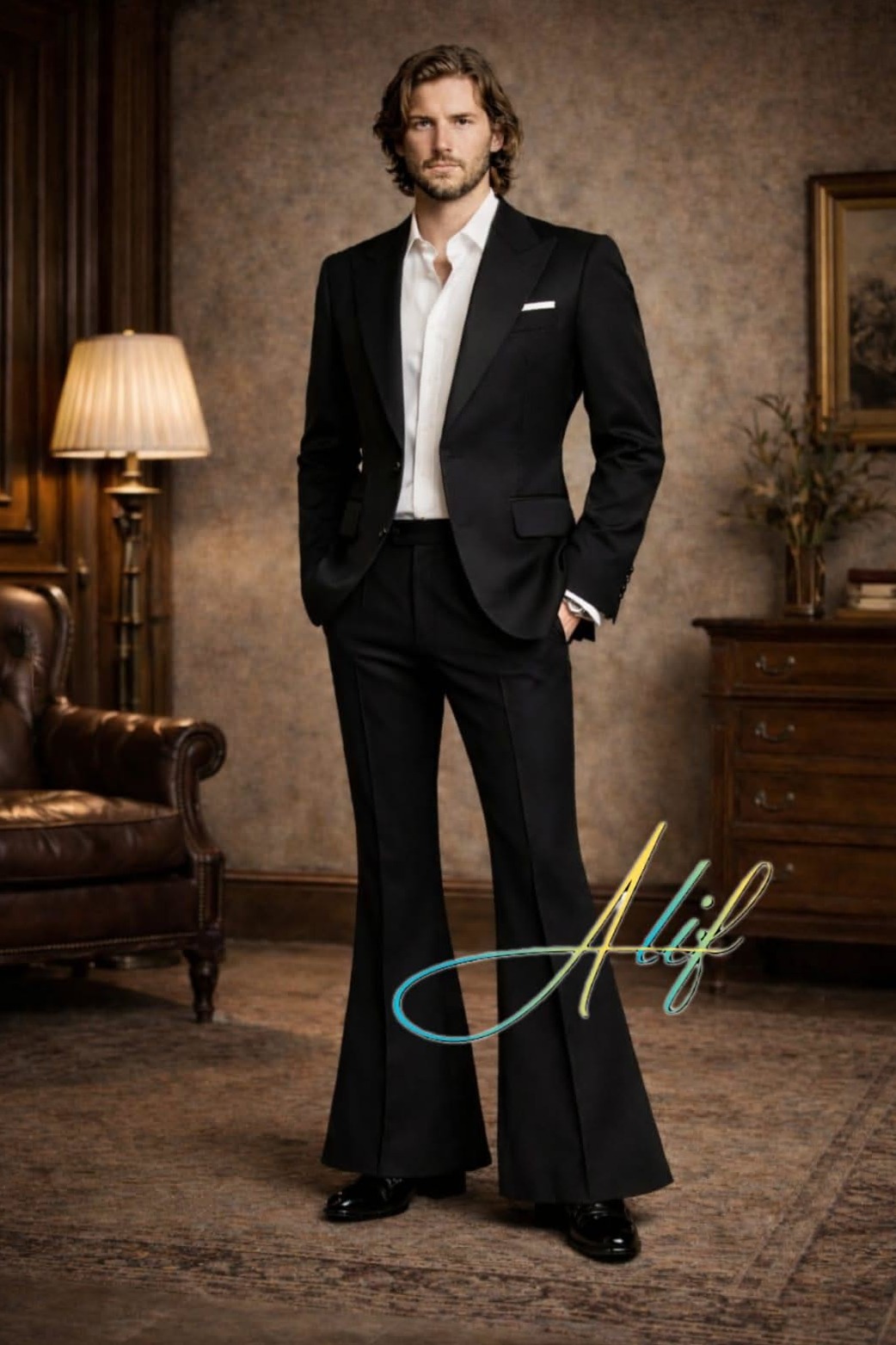 heritage style icon ✧ Neon-Edge 70s-Inspired Menswear: Sleek Black Two-Piece Sui 220