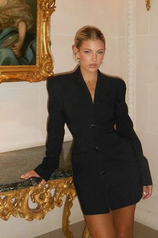 🪩 High Waist V-Neck Blazer in L Black with Neon Trim and Vintage Elegance | styl 192