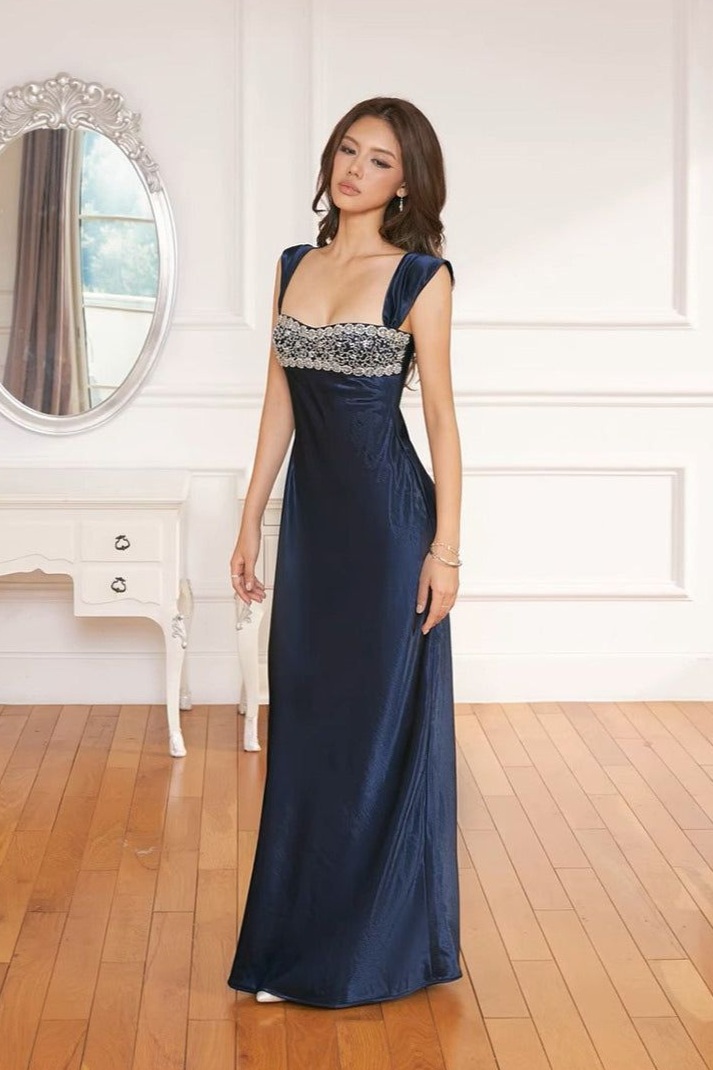 inspiration inbox: 🎩 🕶️ Glimmering Ruched Maxi in Neon-Infused Blue 739