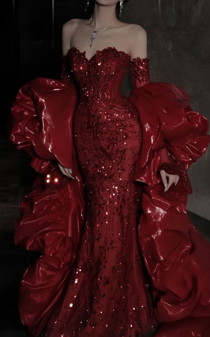 🪩 🌌 Lux Red Off-Shoulder Sequin Mermaid Gown — Custom Shade, Elegant Birthday Pa 357