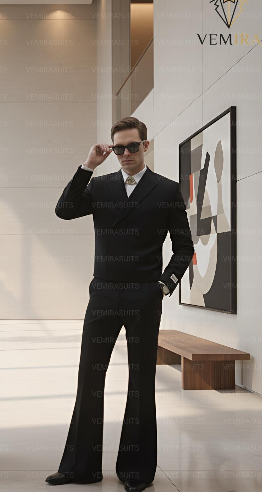 Men’s Black Retro Suit | 70s Double Breasted Blazer & Flared Pants | Statement V 467