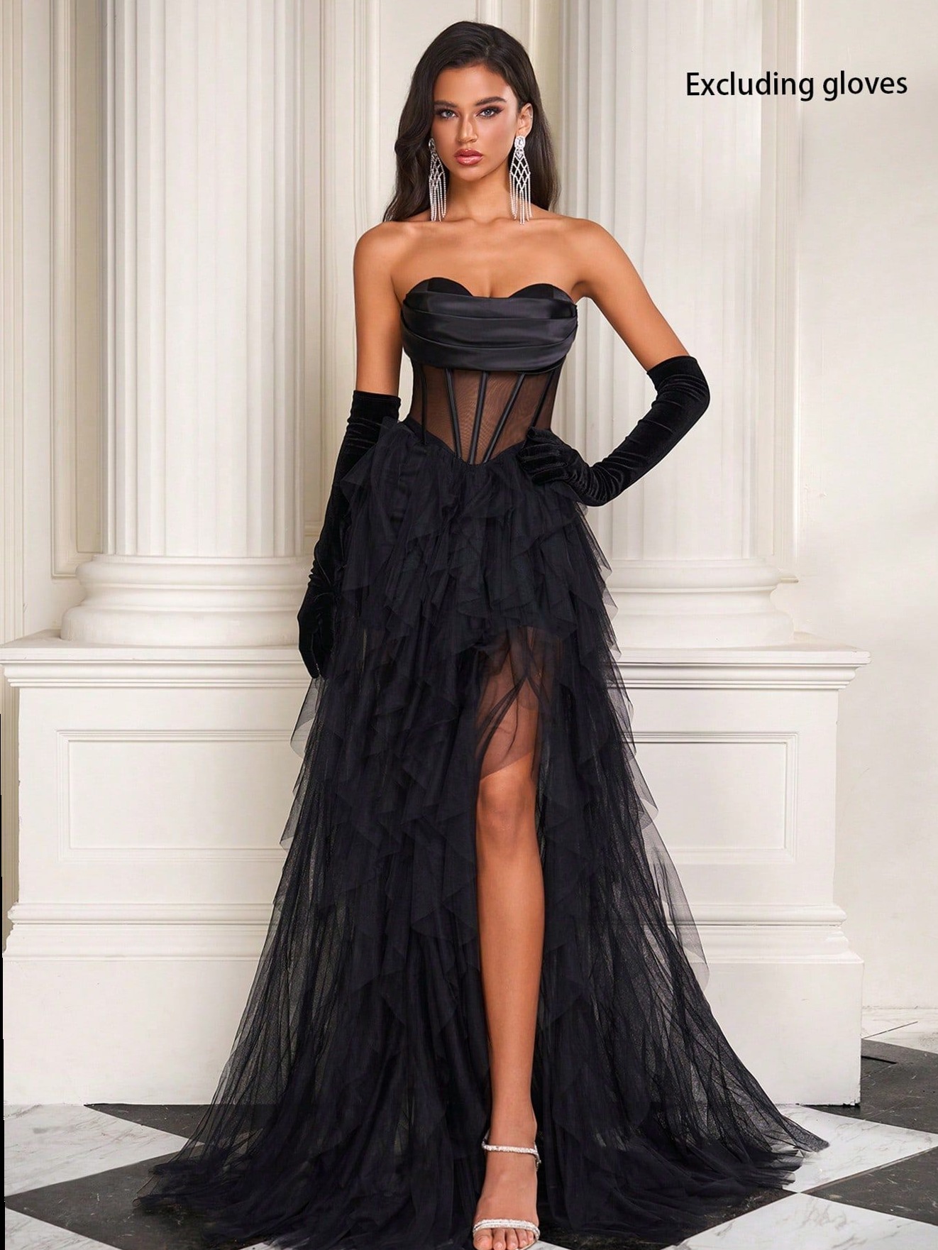 🎨 🧿 ⟡ Mesh Cocktail Dress in Noir Fishtail, Glowing Princess Silhouette for Glam 219