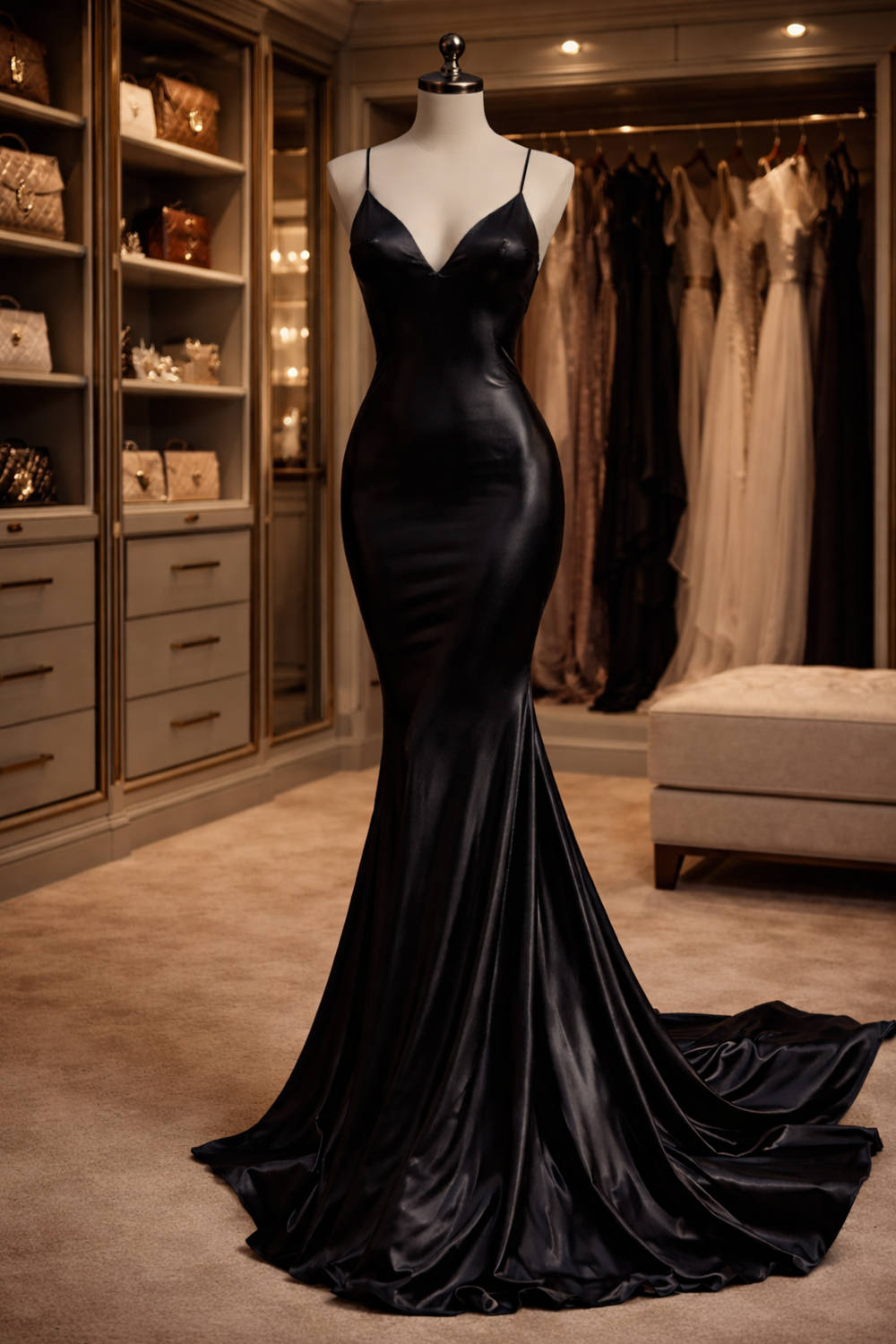 Midnight Neon Glamour: Satin Mermaid Dreams in Vintage Elegance — neon-lit dream 974