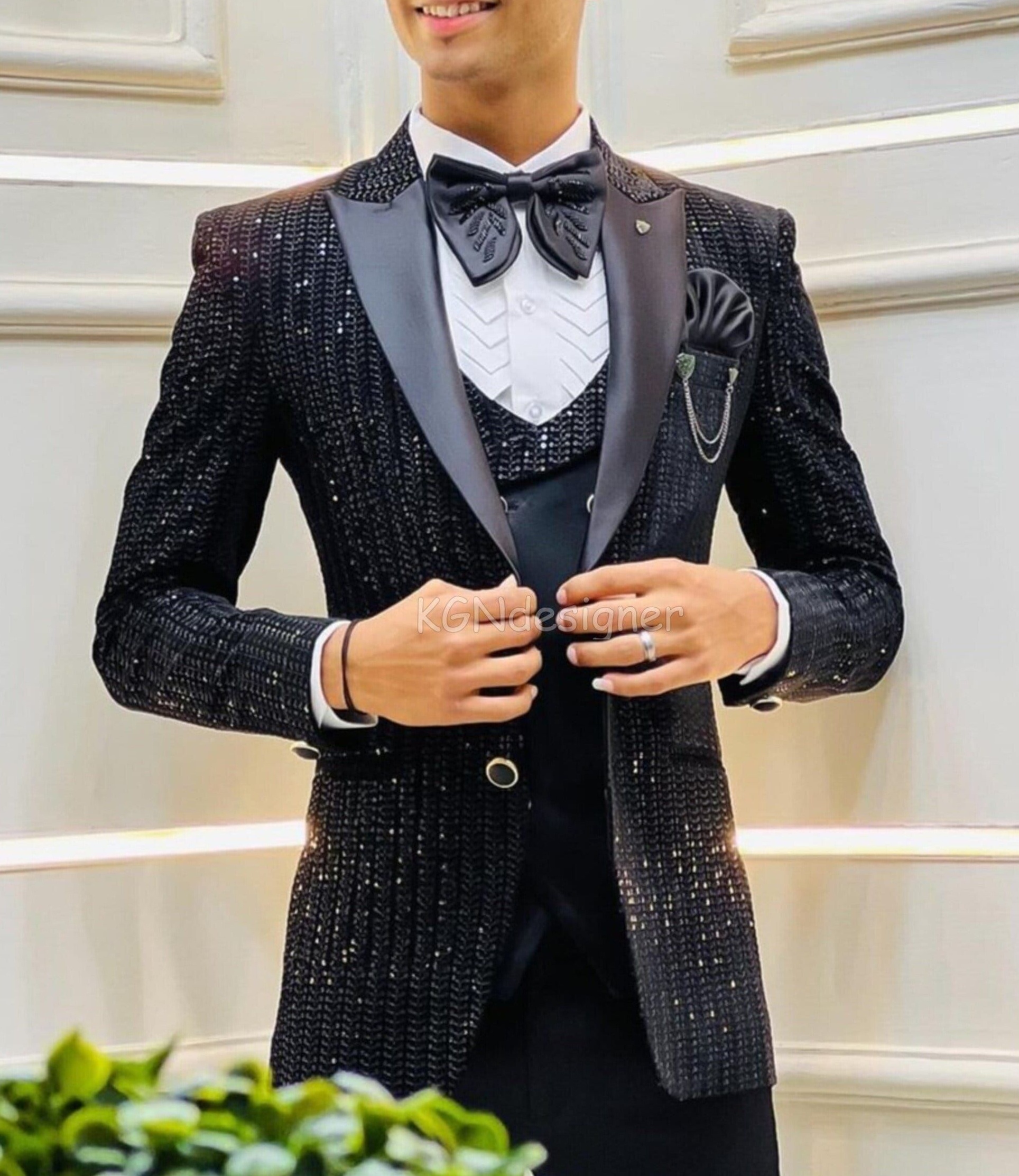 Midnight Sequin Elegance: Neon-Infused Tuxedo for Timeless Affairs — celebrate i 806