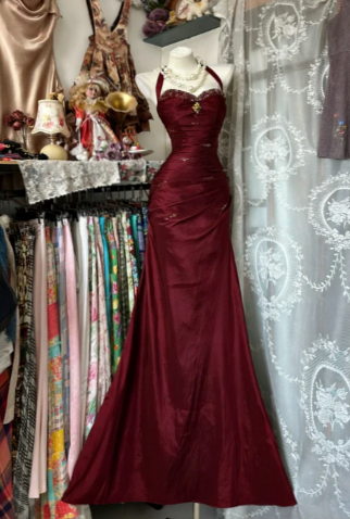 💎 Neon Beaded Satin Mermaid Dress in Vintage Blue Glam | old hollywood glam 384