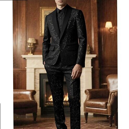 🌌 ⟡ Neon-Edge Black Blazer Set with Glitter Pocket Detail for Cocktail & Wedding 164