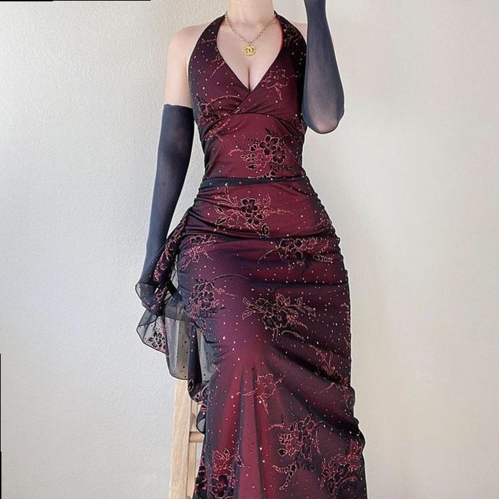 Neon-Edge Glam: Bold Red & Black Vintage Party Dress 🗺️ 764