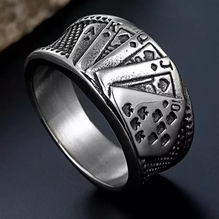 💎 🤍 🕯️ ⟡ Neon Edge: Vintage Card Flush Ring in Sleek Steel 311