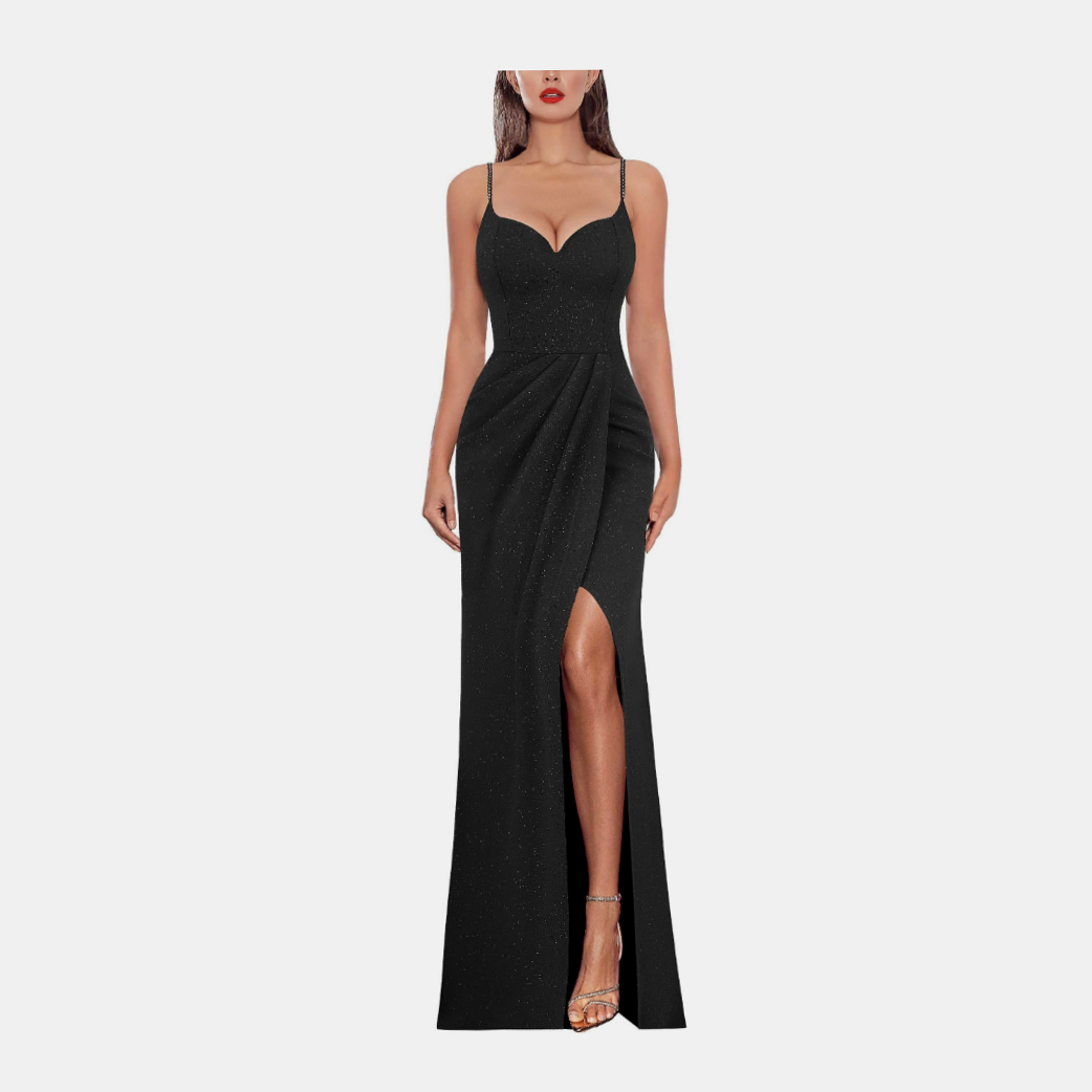 🖼️ 🎯 ⟡ Neon Elegance: Glittery Ruched Maxi in Black for Prom & Evening Glam 455