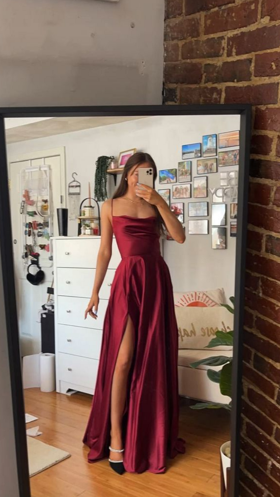 Neon Elegance: Satin Red Gown with Spaghetti Straps & Slit — 🧣 👢 837