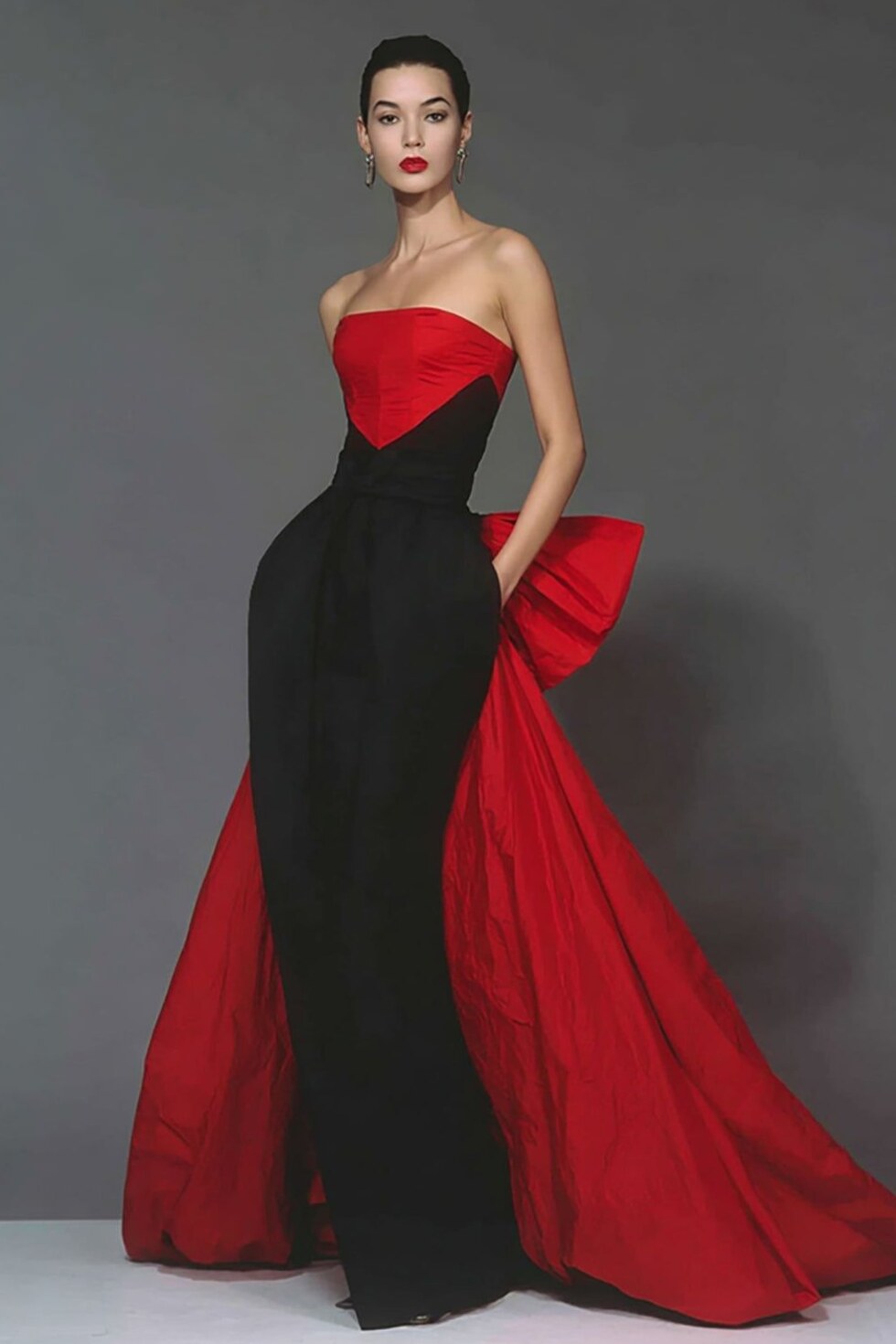 Neon Elegance: Strapless Mermaid Dress in Black and Bold Red with Vintage Bow De 216