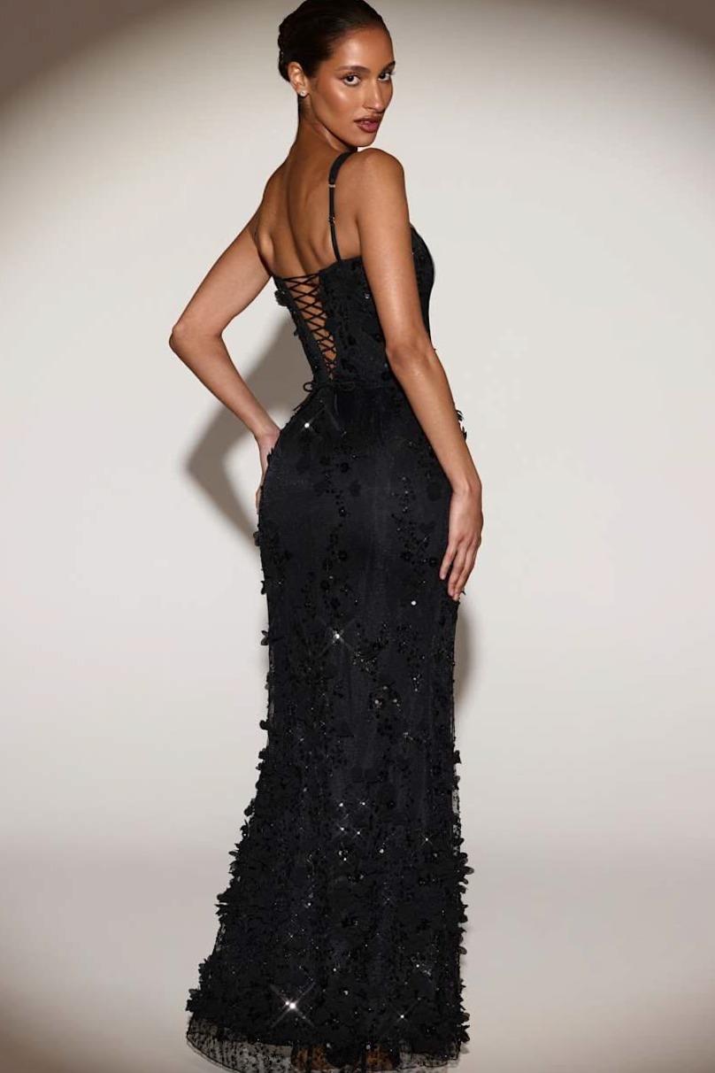 🥂 🖤 Neon-Embellished Appliqué Corset Gown in Lustrous Black 782