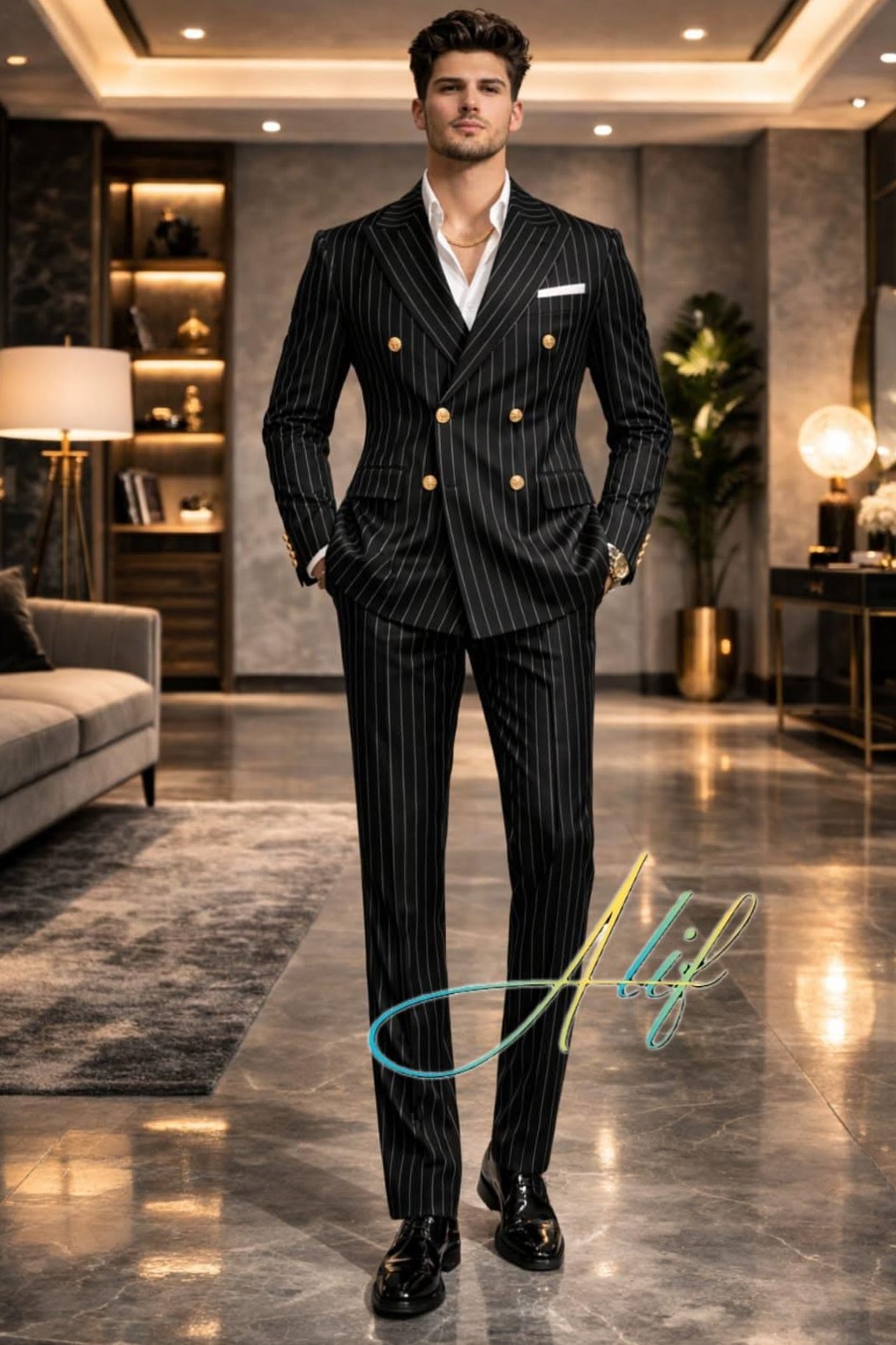 Neon-Etched Pinstripe Elegance | Vintage Tailored Wedding Ensemble 🎞️ 284