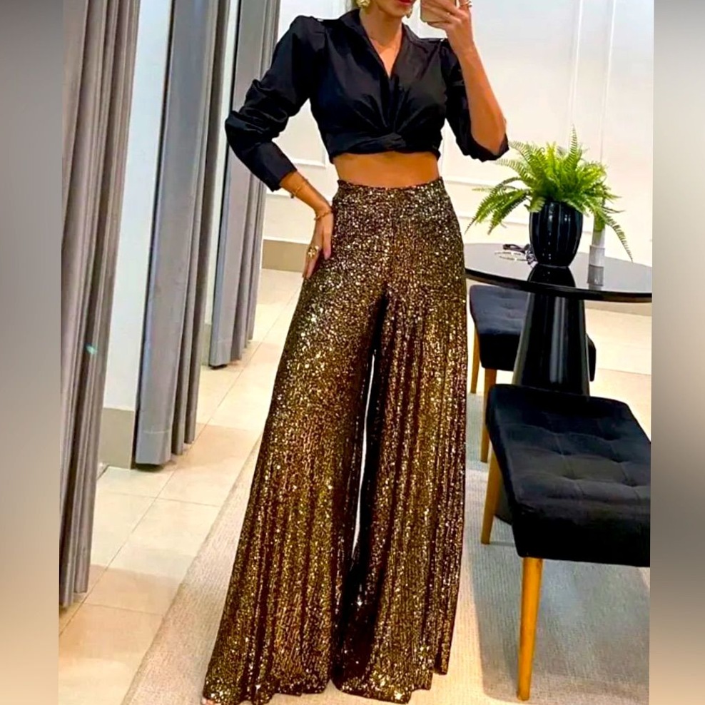 Neon-Etched Sequin Pant in Black/Brown | High Waist | Vintage Glam Party Style • 839