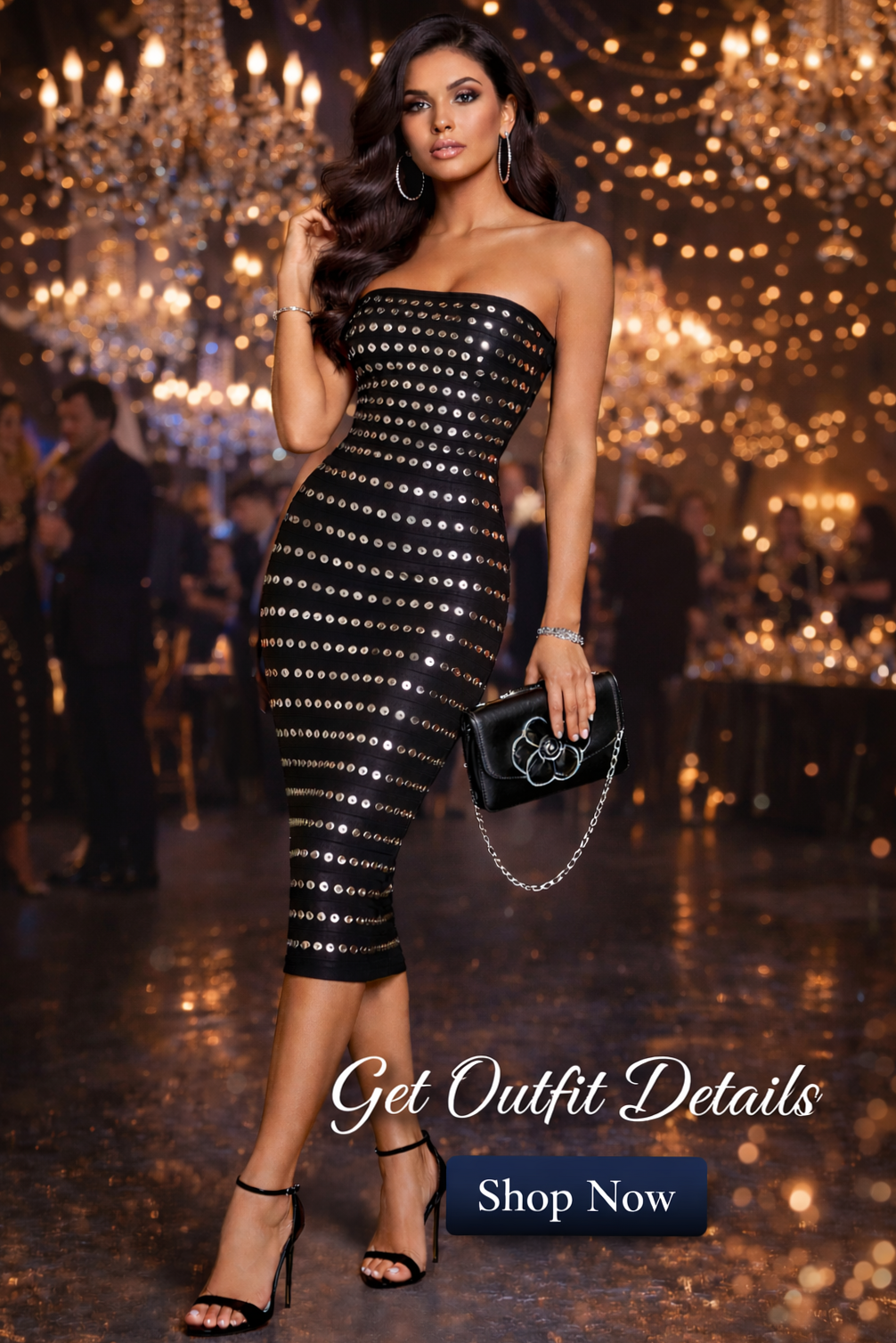 Neon-Etched Strapless Midi in Midnight Glam, Clutch & Heels for Enigmatic Glamou 916