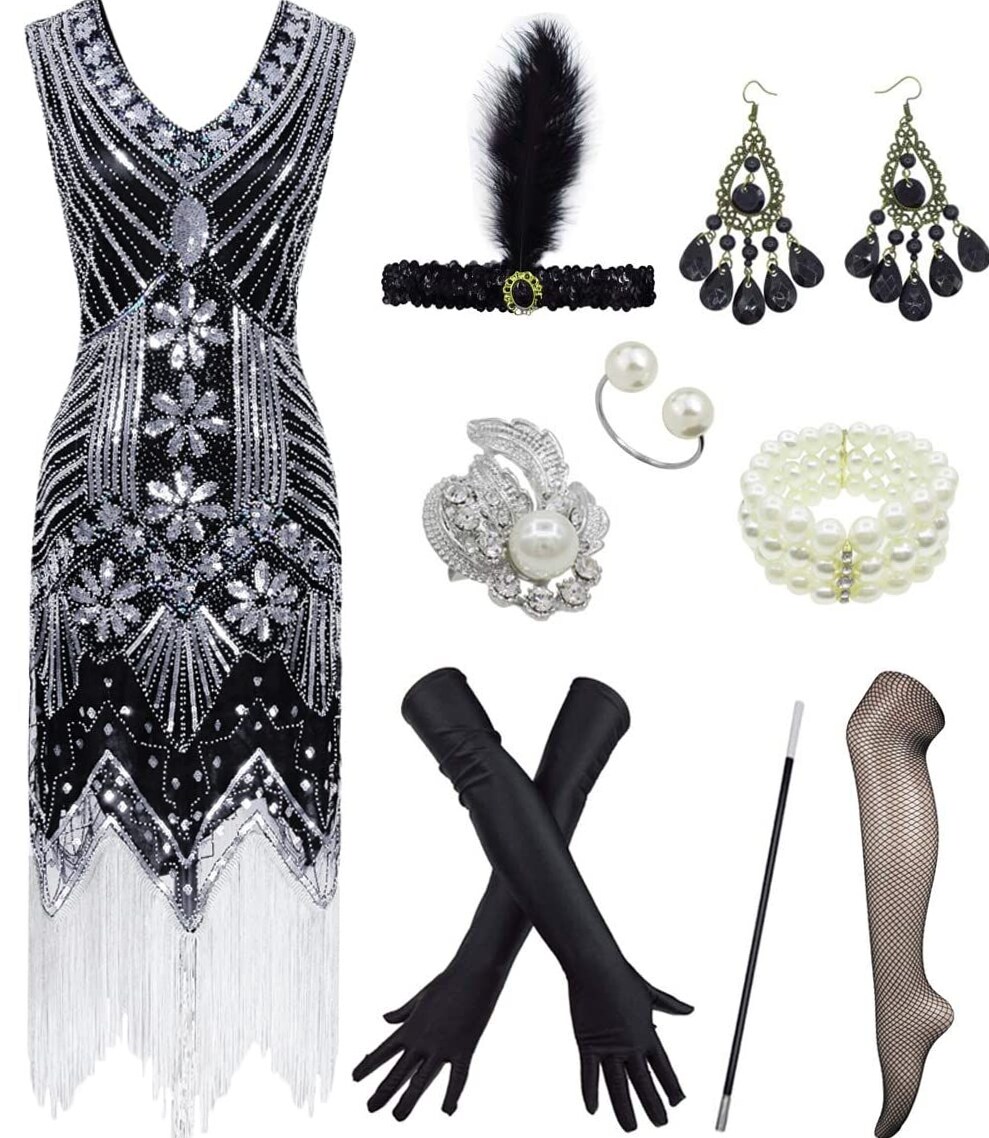 🌃 💙 Neon Gatsby Flapper Ensemble V-Neck Beaded Fringe Design | moment maker magi 525