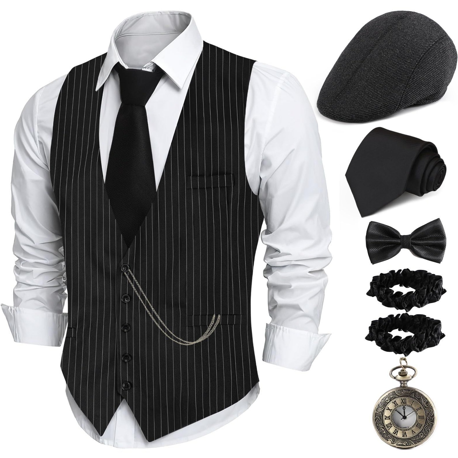 Neon Gatsby Mystique: Vintage Men’s Ensemble with Tie, Vest, Armband & Pocket Wa 916