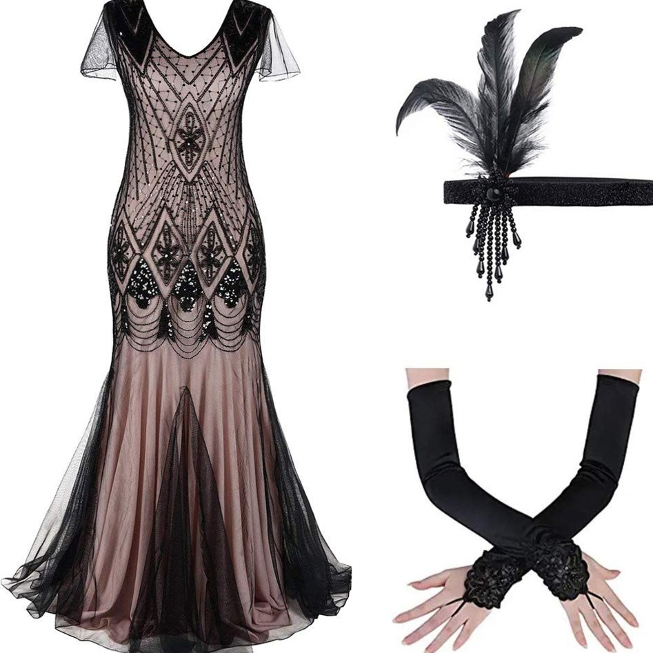 Neon Glam 1920s Flapper Sequin Gown with Art Deco Fringe & Vintage Evening Ensem 242