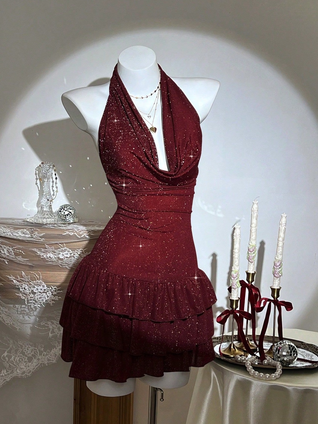 🎭 🕰️ Neon Glam Draped Mini Dress with Sparkling Ruffle Back Design 887