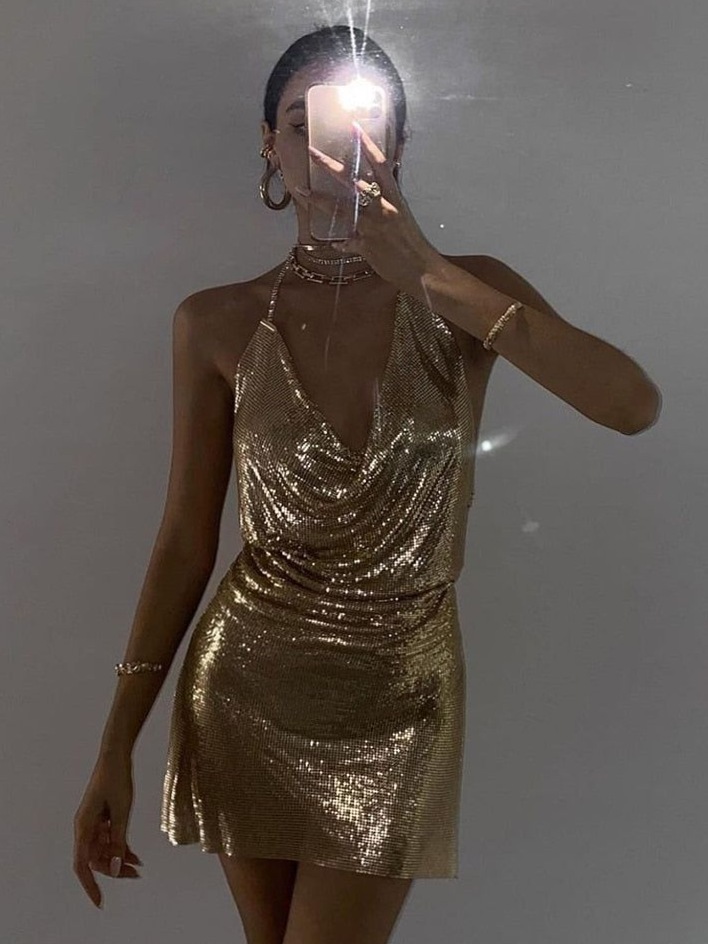 Neon-Glazed Black Mini Dress with Sequined Sheen and Bold Backless Silhouette 🎰  307