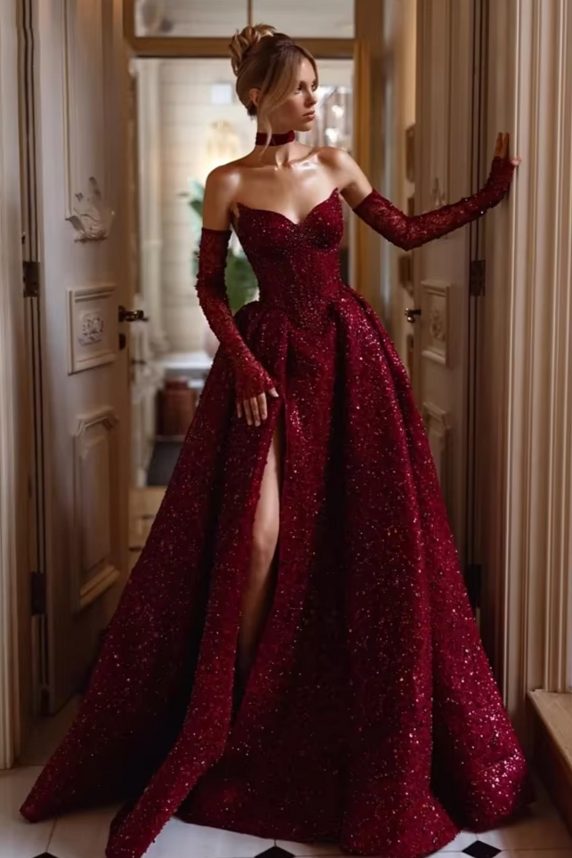 ✨ Neon-Glazed Burgundy Strapless Prom Gown with A-Line Princess Silhouette | sap 647