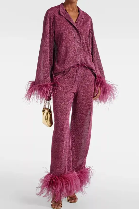 🎈 ✦ Neon Glitter Feather Top with Elastic Waist Wide-Leg Pants Set 262