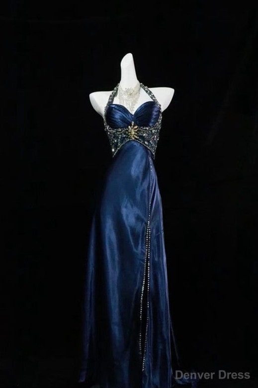 Neon Halter Gown in Navy Blue with Vintage Beaded Elegance — 💅 👠 855