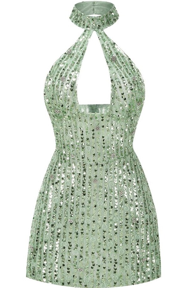 Neon Halter Sequin Gown in Emerald Lustre 👒 👢 157