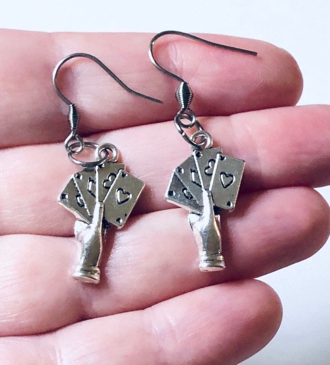 Neon Hand Holding Cards in Silver Poker Earrings, Vintage Vegas Glam • 🌍 531
