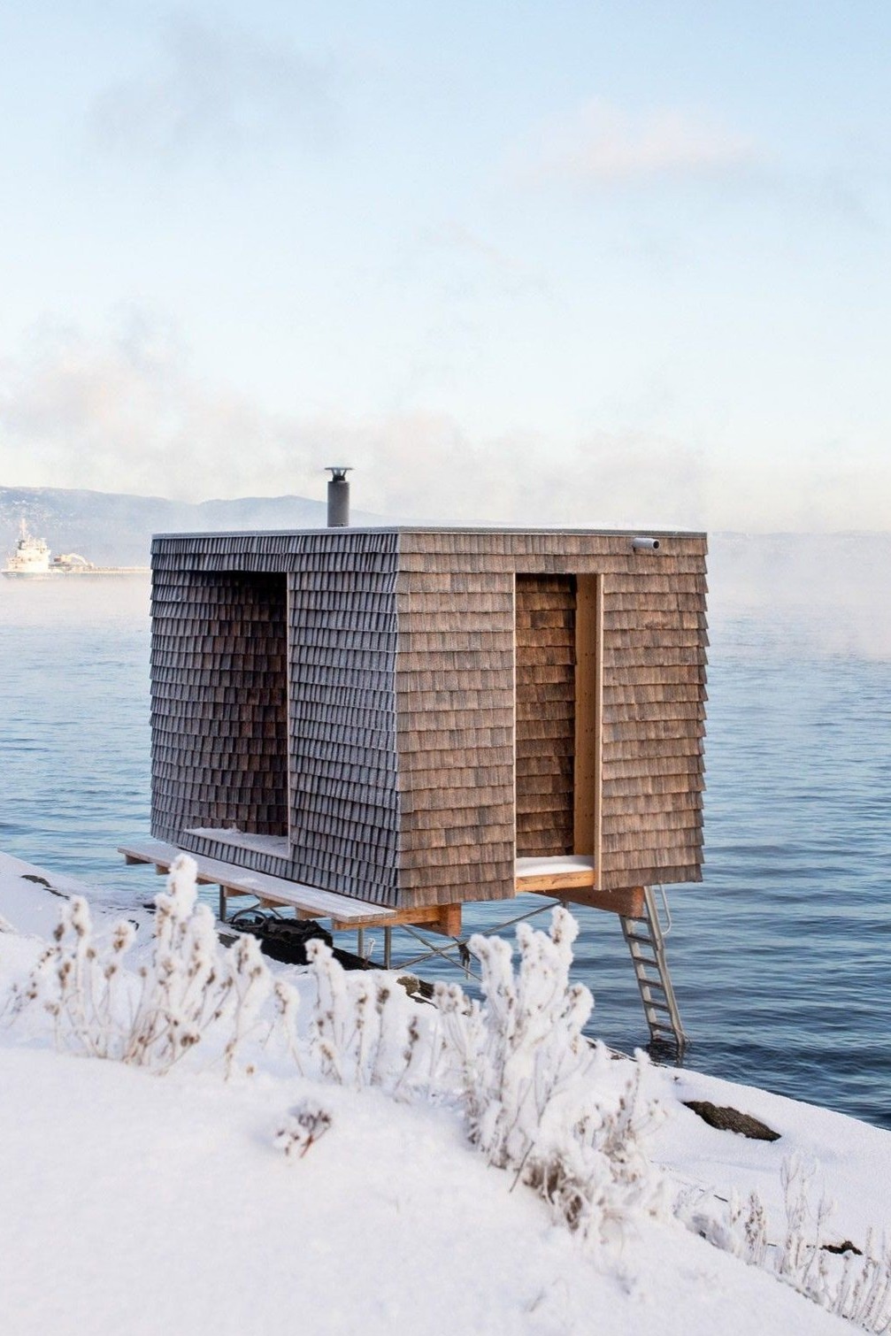 ✨ Neon-Hued Sauna Perch by Oslo’s Coastal Edge | visual vocabulary 457