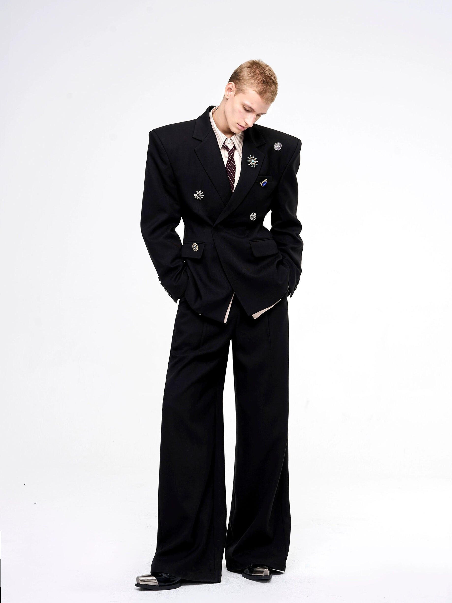 ✨ Neon-Hued Tailored Jacket with Bold Shoulder Pads & Matching Trousers in Vibra 593