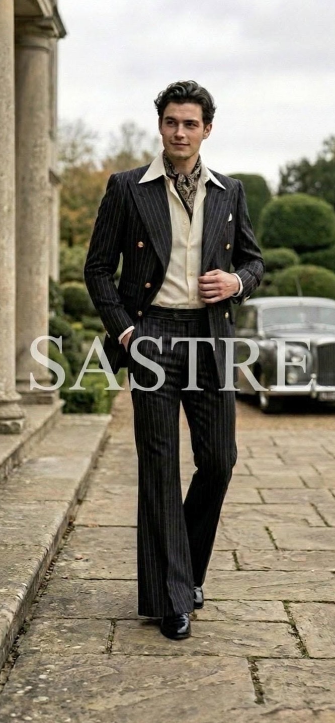 ✨ Neon-Infused 70s Pinstripe Suit in Navy & White with Bold Flare Trousers | old 125