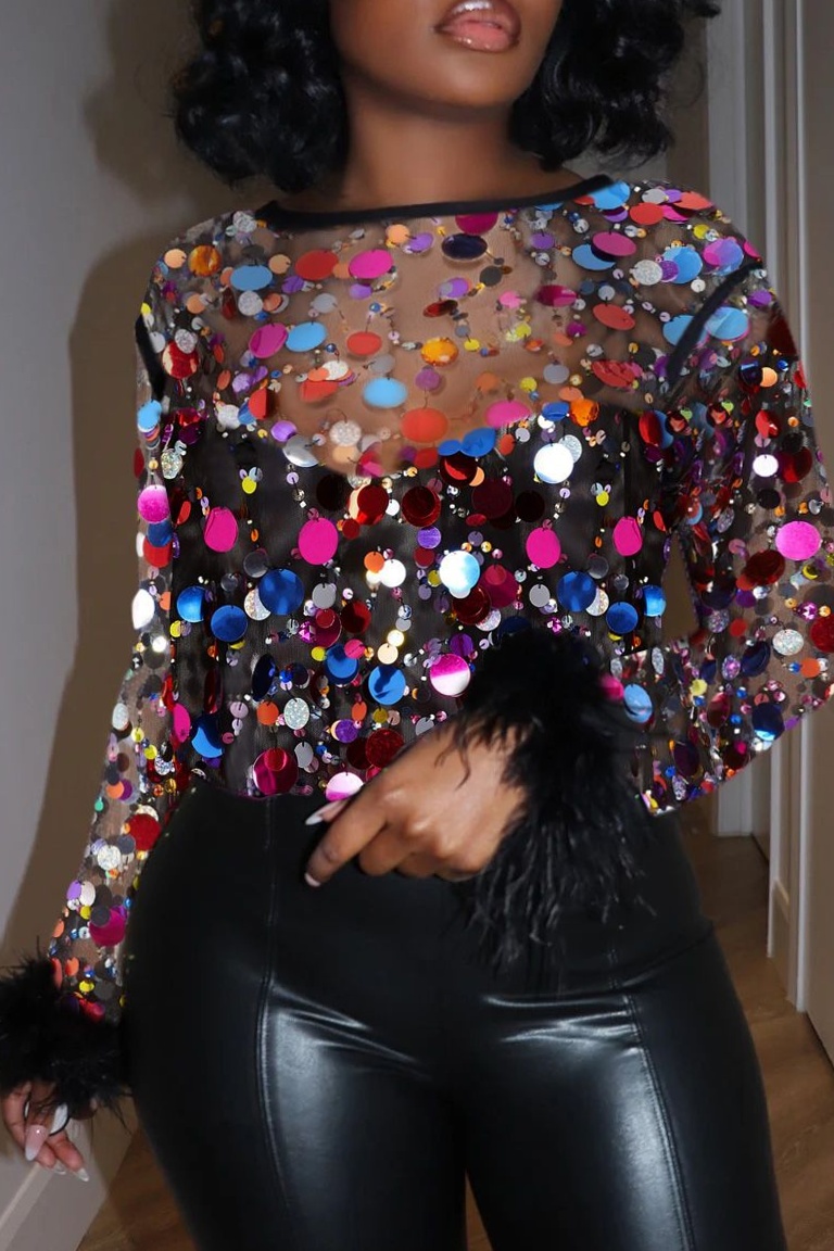 Neon-Infused Sequin Blouse with Feather Mesh Elegance ⟐ elevate your event style 699