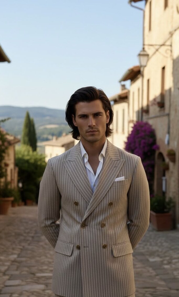 ⊹ Neon-Infused Vintage Beige Pinstripe Suit for Men ⊹ 🖼️ 🖼️ 190