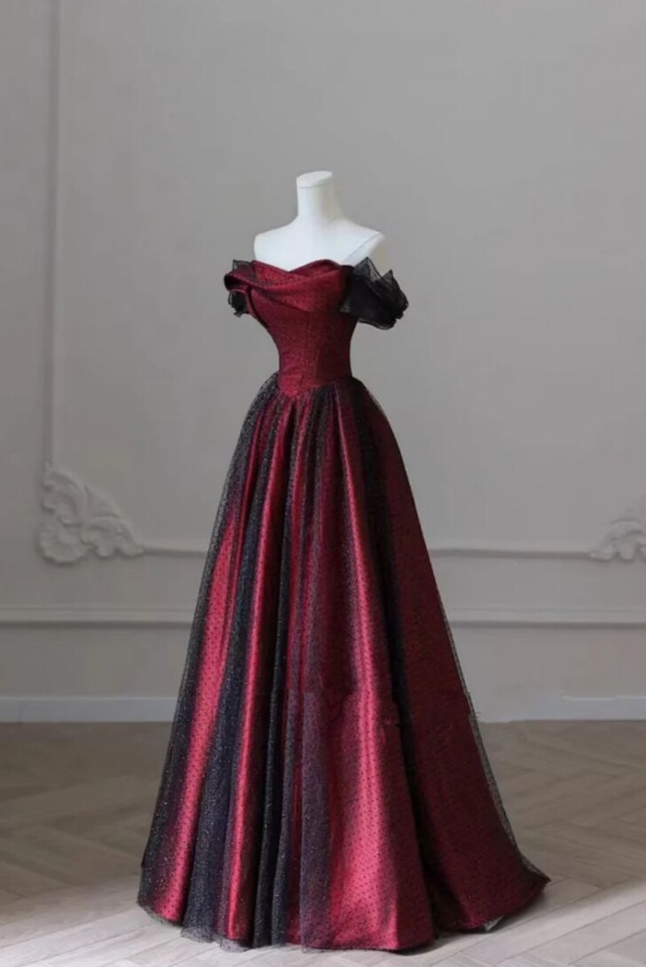 🎩 🕶️ ✦ Neon-Infused Vintage Glam: Off-Shoulder Black & Red Formal Gown 871