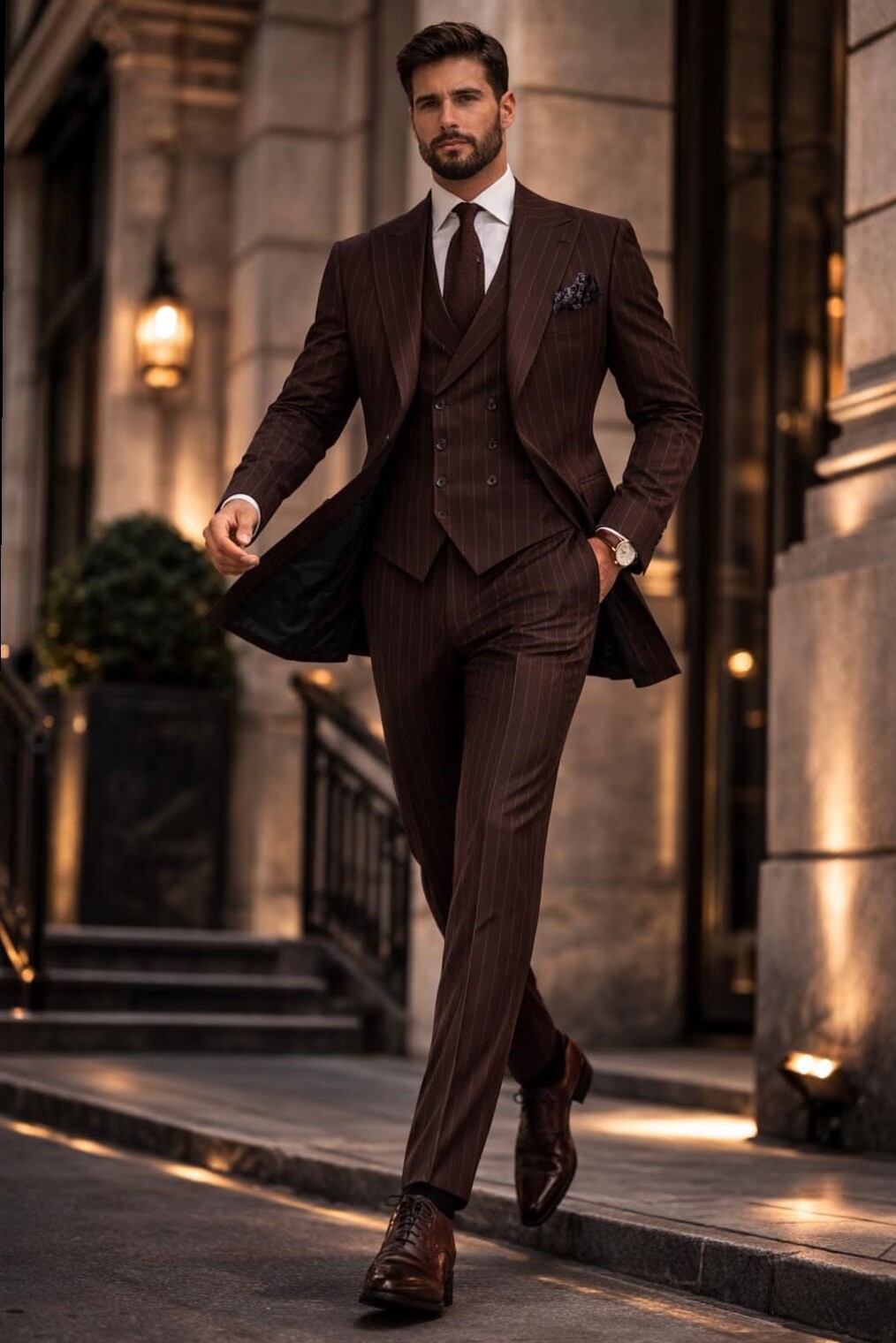 Neon-Lit Brown Pinstripe Groom Suit | Vintage Formalwear Edge | 📍 🔶 nostalgic vi 646