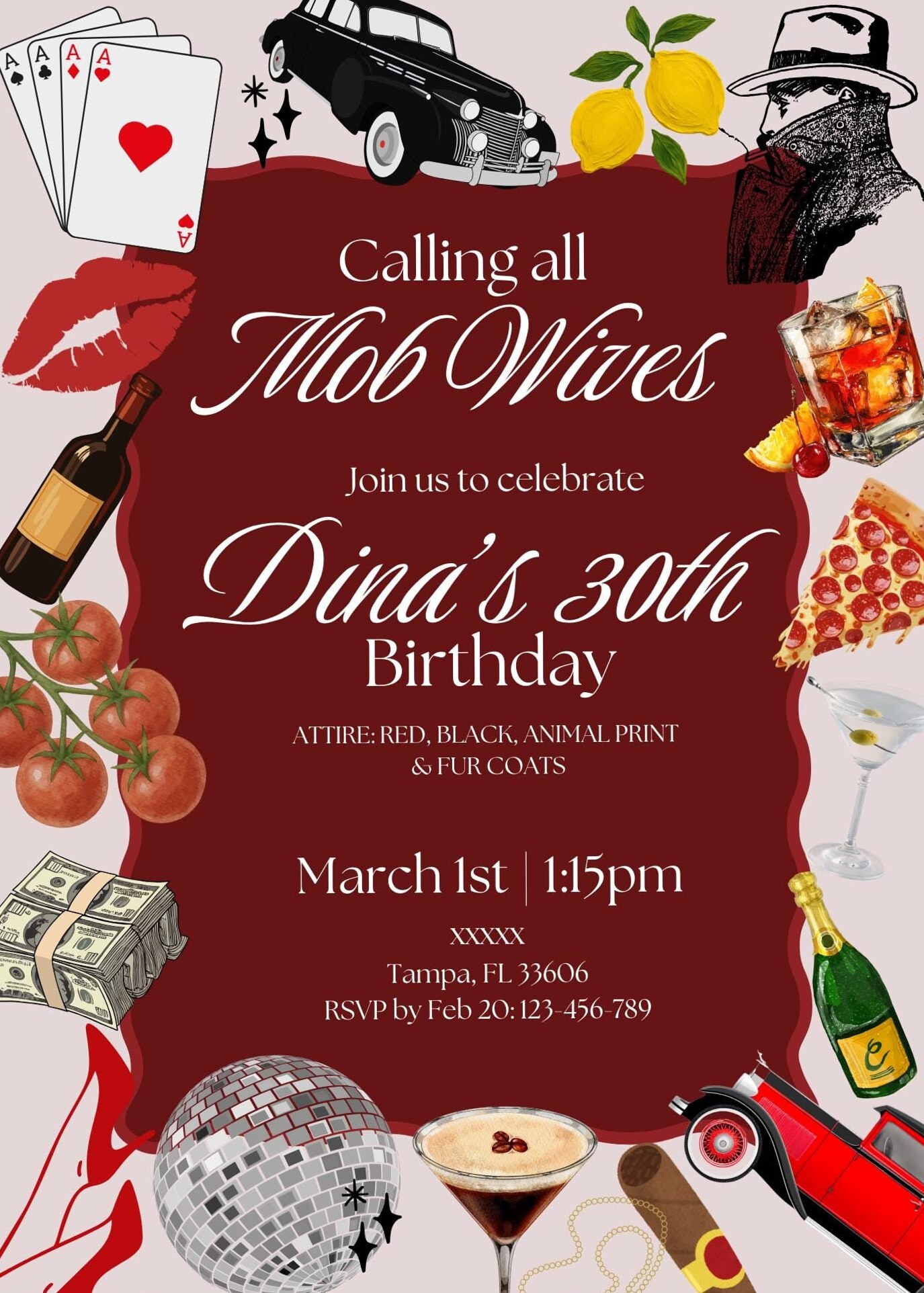 🌲 🌼 Neon Nocturne: Mob Wife Birthday Invite | Vintage Glamour Party Design | Edi 427