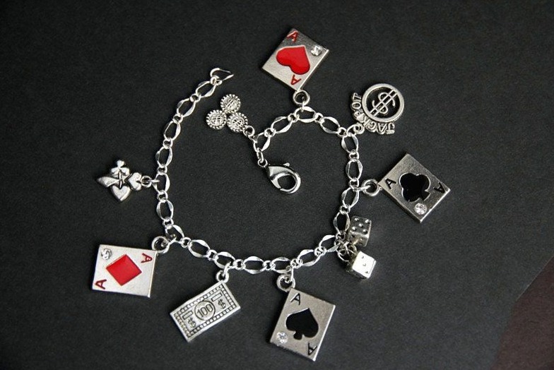 🌸 ⟡ Neon Poker Charm Silver Bracelet, Handcrafted Vintage Gaming Jewelry 657