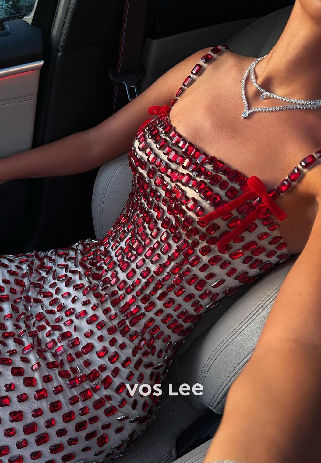 🌿 🌻 🌲 ✦ Neon Rhinestone Pleated Sheath Dress with Spaghetti Straps and Vintage S 898